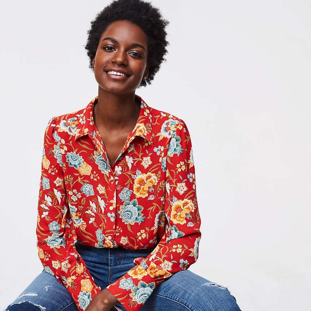 LOFT petite poppy bloom wide cuff utility blouse